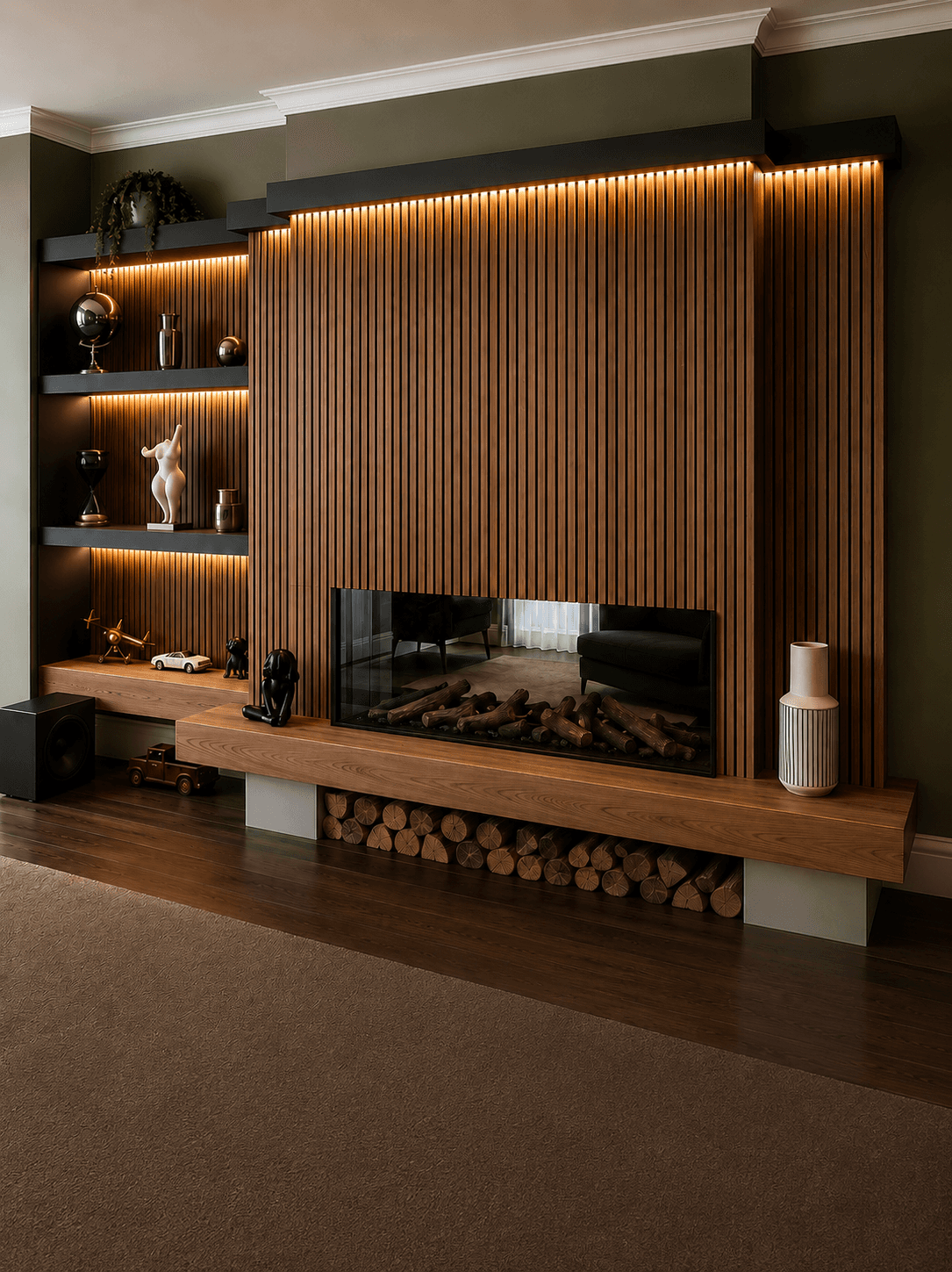 Bespoke fireplace and slatted feature wall by KB Joinery and Interiors